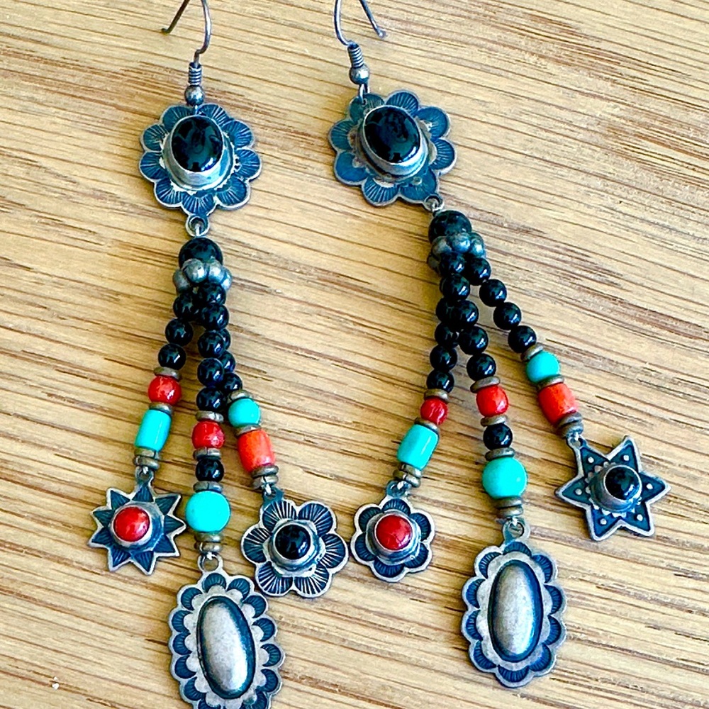 Don Lucas Vintage Turquoise, Coral & Onyx Multi-Drop Dangle Earrings